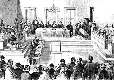 Zeichnung des Gerichtssaals, in dem der Kommunistenprozess stattfand